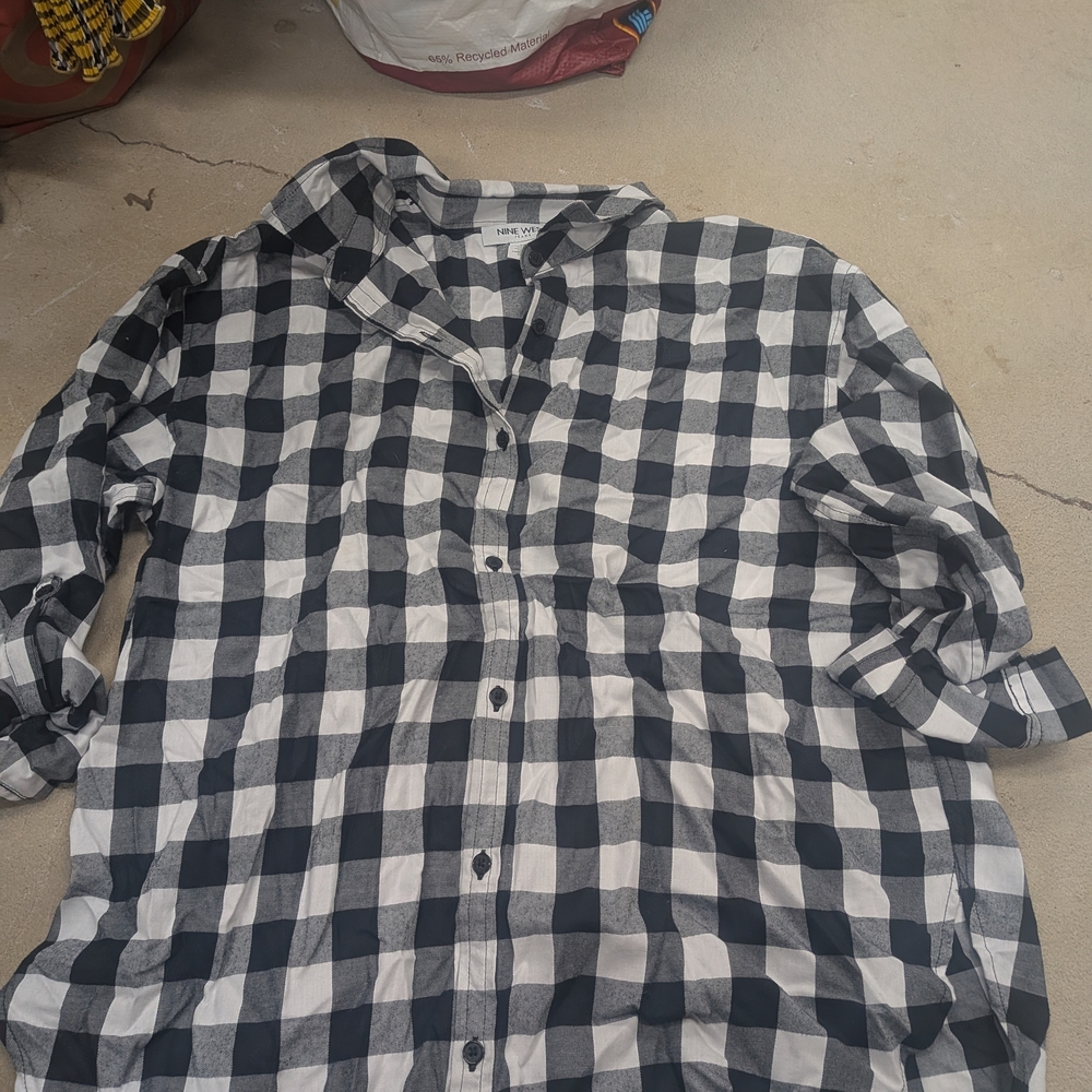 Nine West Black and White Plaid FLANNEL Shirt TOP WOMENS MEDIUM MED M $58